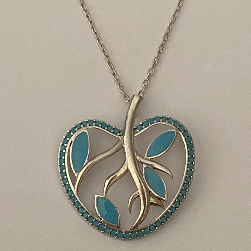 Tree of life blue enamel 925 silver cz necklace